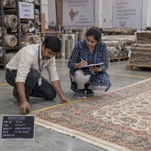 Indian quality team measuring rug dimensions