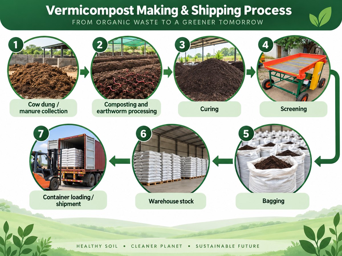 Illustrated vermicompost making, packing and shipping process