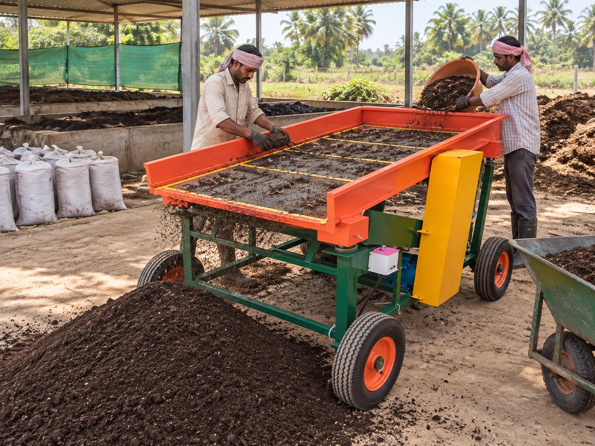 Screening mature vermicompost beside a loose ready pile