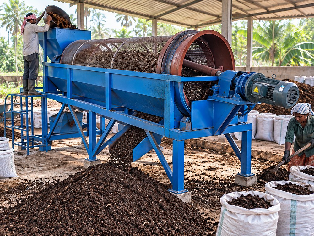 Industrial trommel type screening machine used for finished vermicompost processing