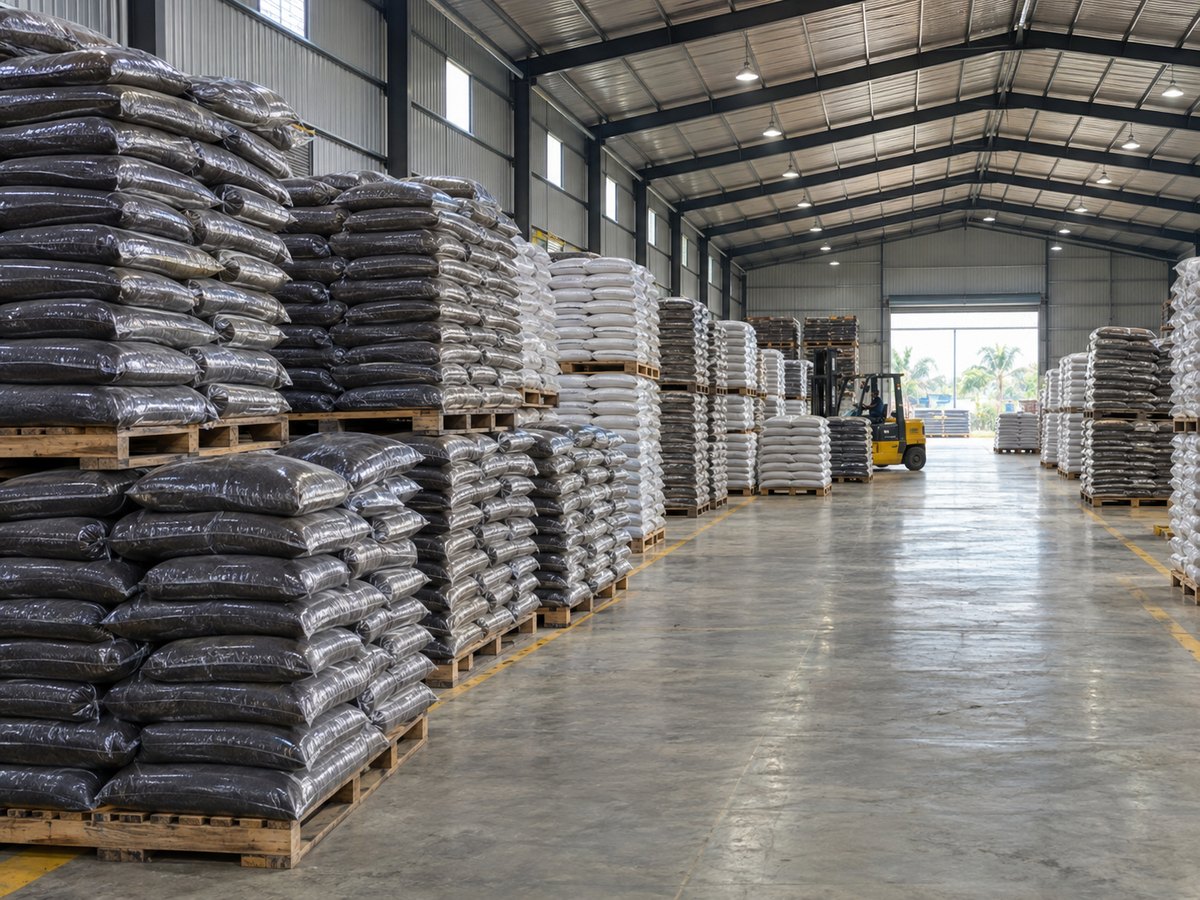 Warehouse with packed vermicompost sacks ready for dispatch